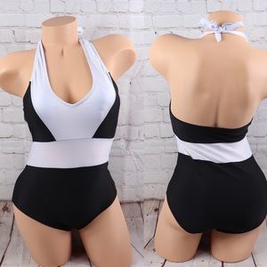 One Piece V Neck Black and White Swimsuit